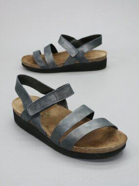 NAOT 38 Ladies 7 Kayla Blue Wedge Heels Slingback Hook Loop Strap Shoes Sandals